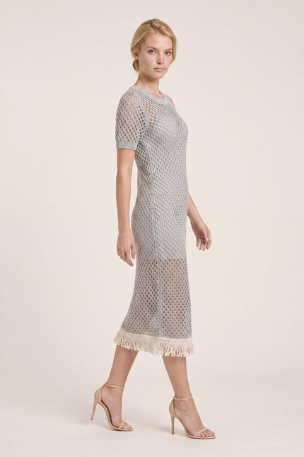 Crochet Cotton Short-Sleeve Dress - Silver Grey - side view