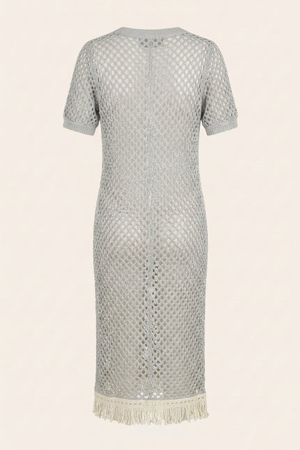 Crochet Short Sleeve Dress - Silver Grey - Back