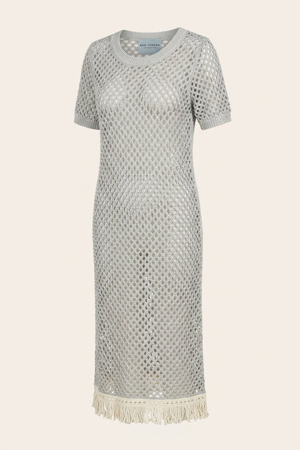 Crochet Short Sleeve Dress - Silver Grey - Front