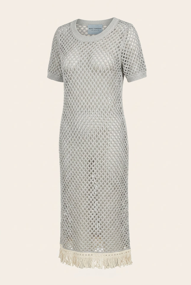 Crochet Short Sleeve Dress - Silver Grey - Front
