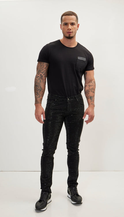 Crystal Embellished Straight - Leg Jeans - Black - Ron Tomson