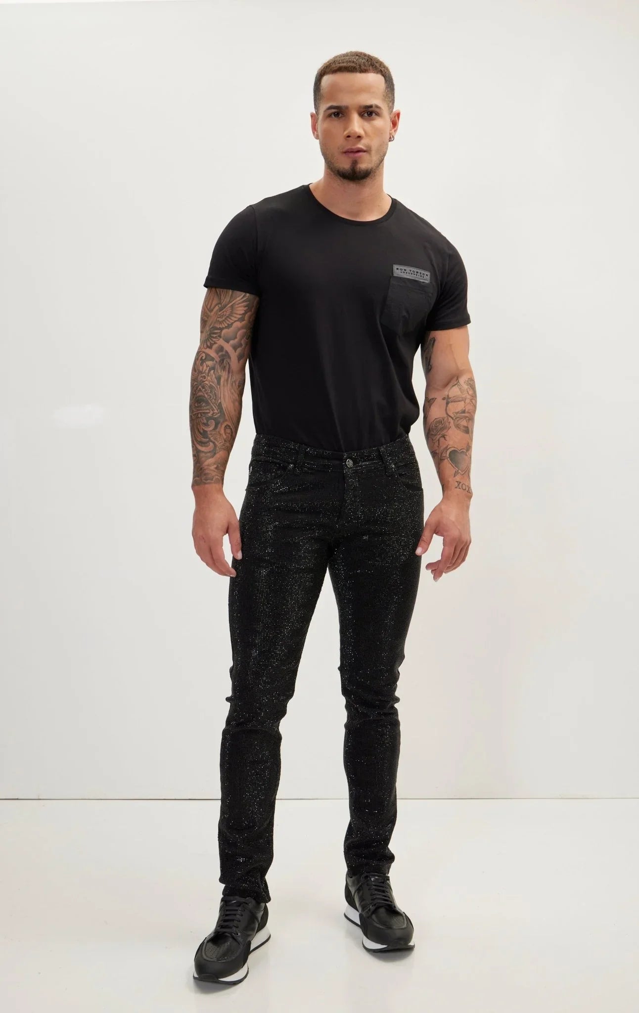 Crystal Embellished Straight-Leg Jeans Black Ron Tomson