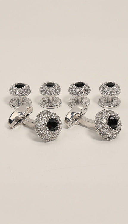 Crystal Encrusted Dark Stone Cufflinks Stud Set Silver Black - Ron Tomson