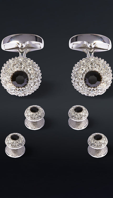 Crystal Encrusted Dark Stone Cufflinks Stud Set Silver Black - Ron Tomson