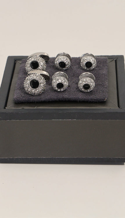 Crystal Encrusted Dark Stone Cufflinks Stud Set Silver Black - Ron Tomson