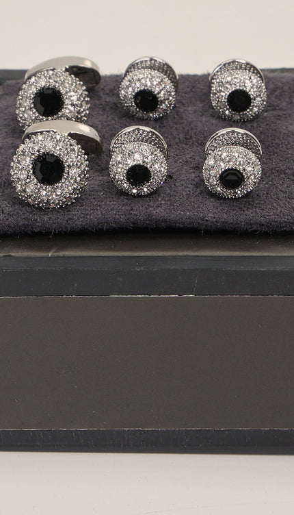 Crystal Encrusted Dark Stone Cufflinks Stud Set Silver Black - Ron Tomson