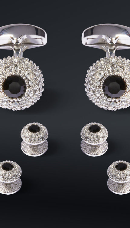 Crystal Encrusted Dark Stone Cufflinks Stud Set Silver Black - Ron Tomson