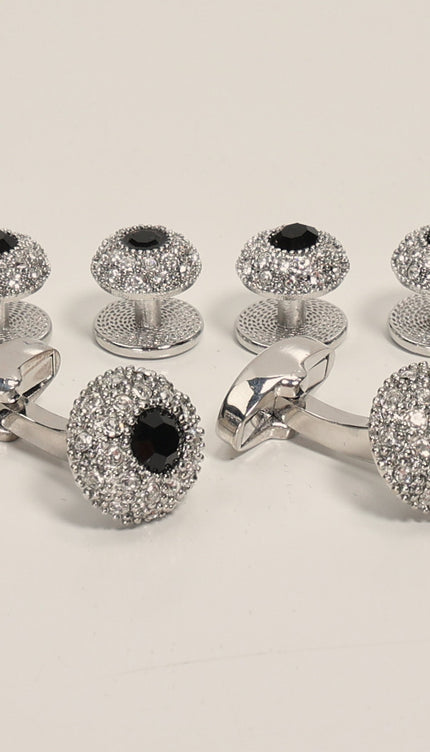 Crystal Encrusted Dark Stone Cufflinks Stud Set Silver Black - Ron Tomson