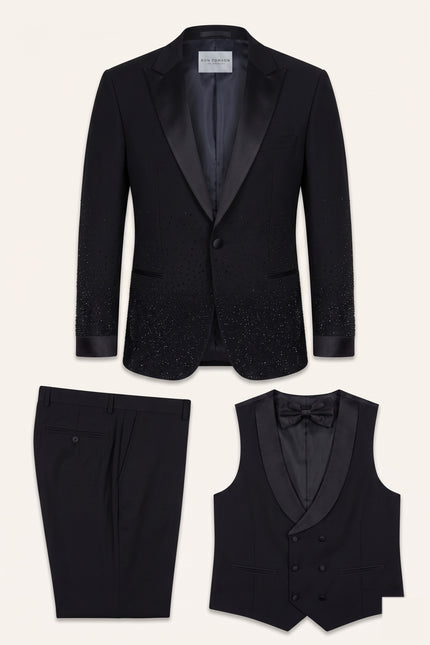 Crystal Peak Lapel Tuxedo Set - Black