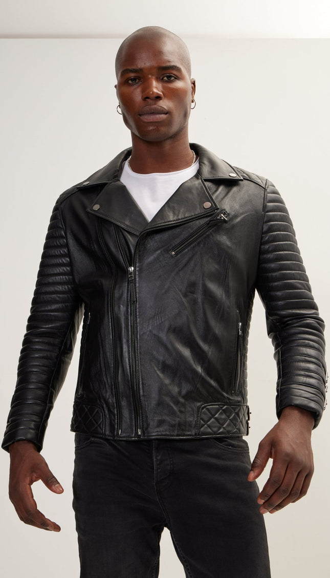 Cuff Buckles Quilted Leather Moto Jacket- Black - Ron Tomson