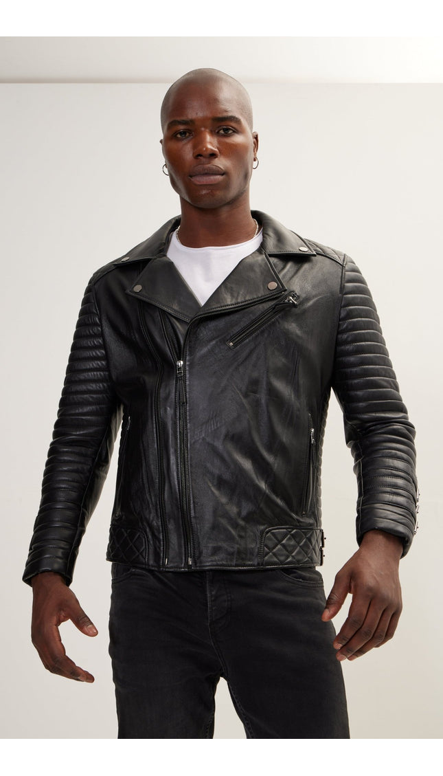 Cuff Buckles Quilted Leather Moto Jacket- Black - Ron Tomson
