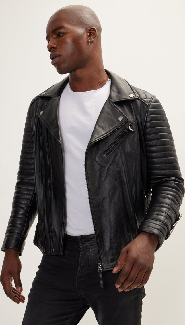 Cuff Buckles Quilted Leather Moto Jacket- Black - Ron Tomson