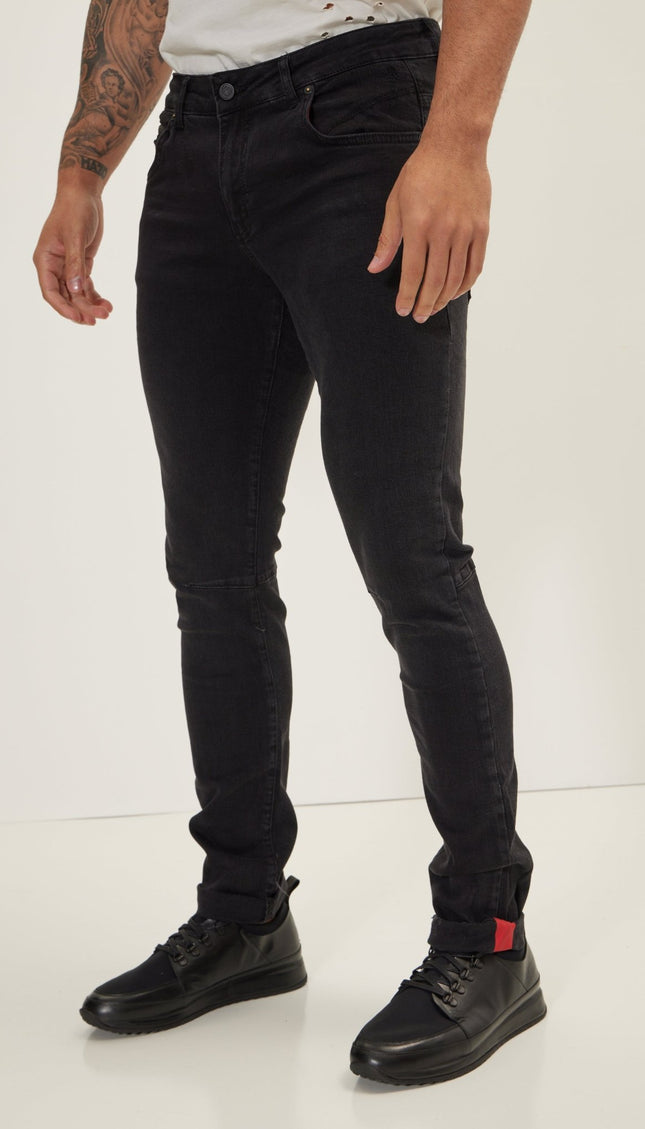 Cuff Detail Inner Red Stripe Denim - Black - Ron Tomson