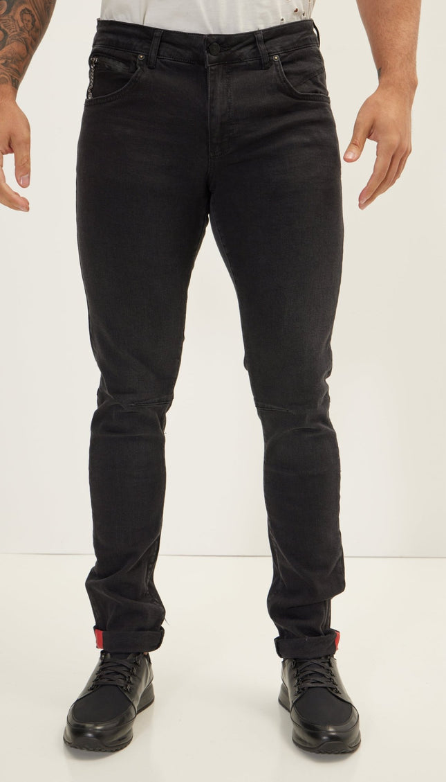 Cuff Detail Inner Red Stripe Denim - Black - Ron Tomson