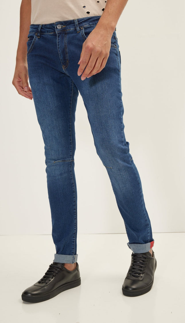 Cuff Detail Inner Red Stripe Denim - Navy - Ron Tomson