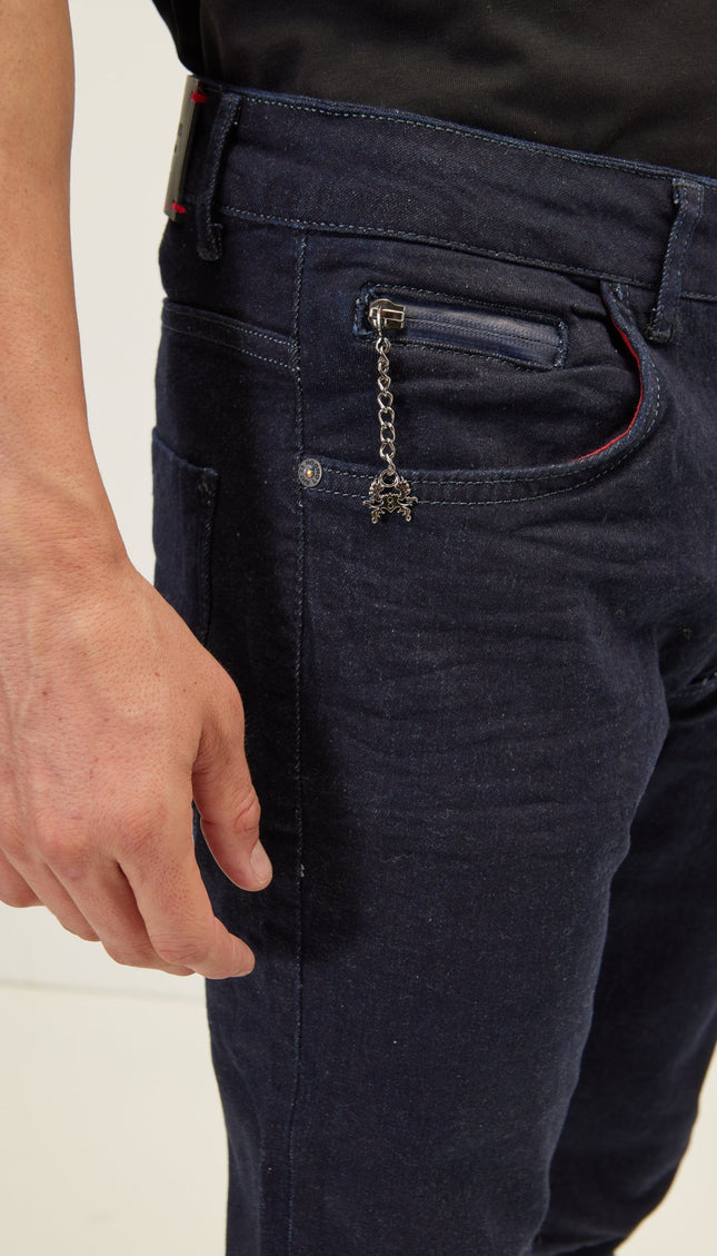 Cuff Detail Inner Red Stripe Denim - Navy - Ron Tomson