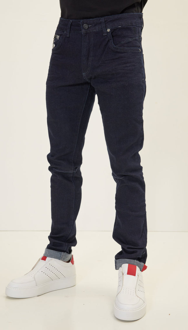 Cuff Detail Inner Red Stripe Denim - Navy - Ron Tomson