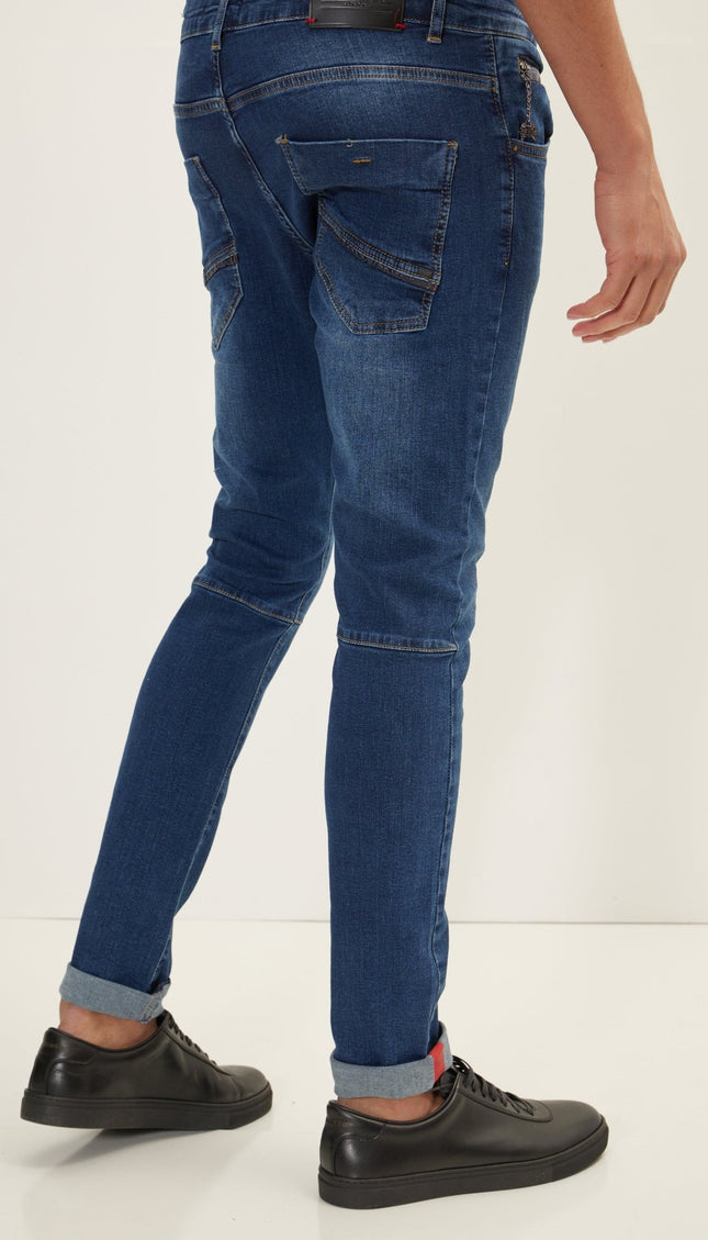 Cuff Detail Inner Red Stripe Denim - Navy - Ron Tomson