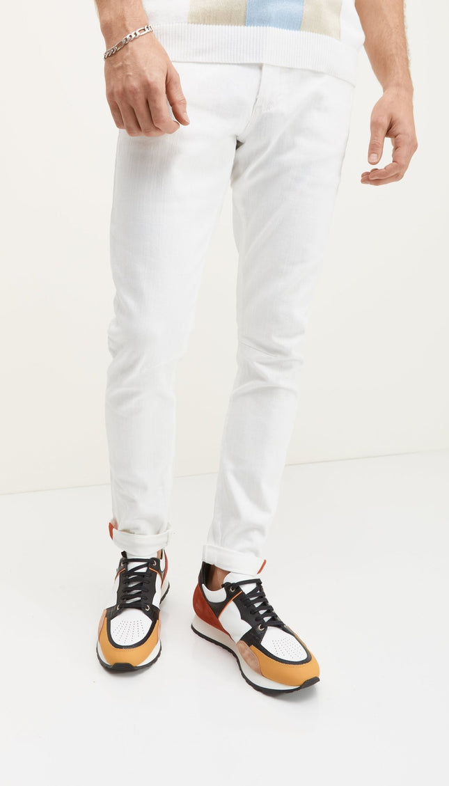 Cuff Detail Inner Red Stripe Denim - White - Ron Tomson