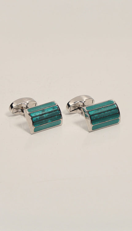 Curved Lines Two Tone Stainless Steel Cufflinks Green Silver - Ron Tomson