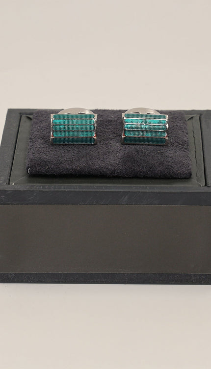 Curved Lines Two Tone Stainless Steel Cufflinks Green Silver - Ron Tomson