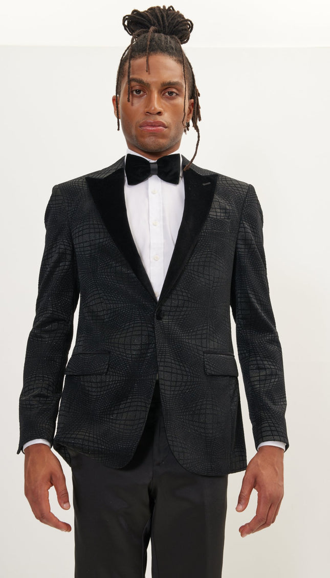 Curved Space Velvet Flocking Tuxedo Jacket - Black - Ron Tomson