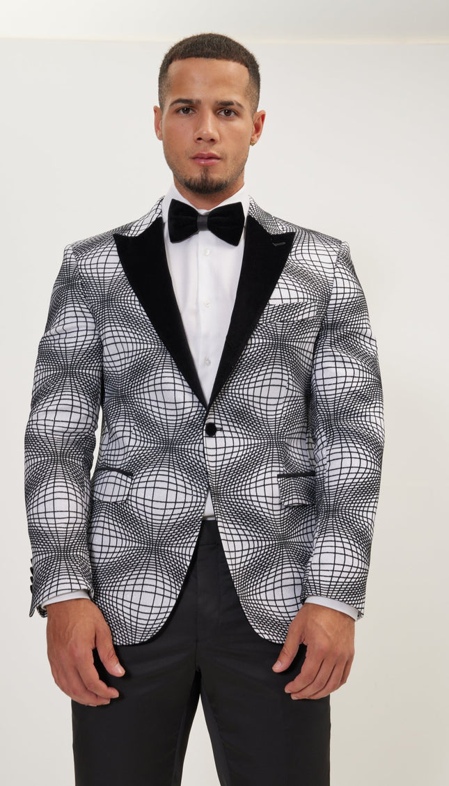 Curved Space Velvet Flocking Tuxedo Jacket - White - Ron Tomson