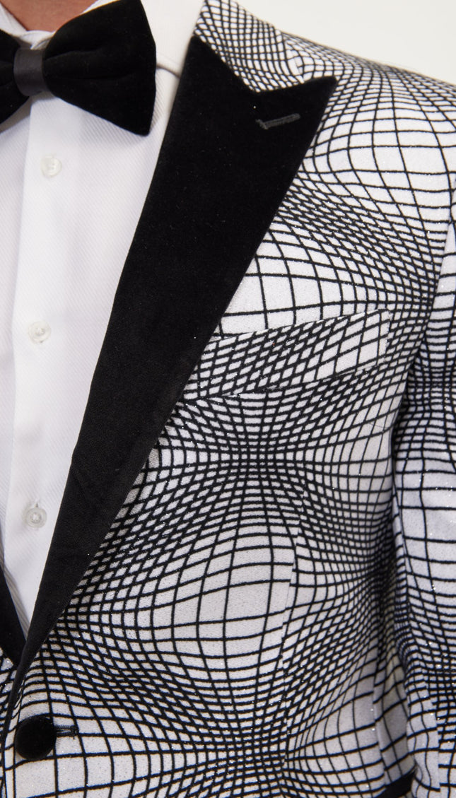 Curved Space Velvet Flocking Tuxedo Jacket - White - Ron Tomson