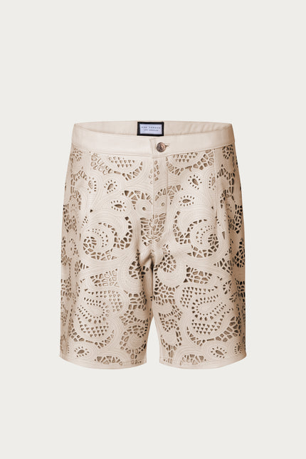 Men's Cut-Out Fitted Leather Shorts - Beige - Ron Tomson Los Angeles
