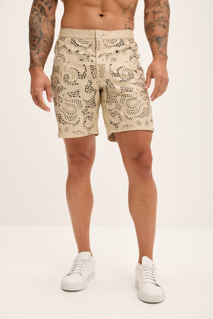 Men's Cut-Out Fitted Leather Shorts - Beige - Ron Tomson Los Angeles