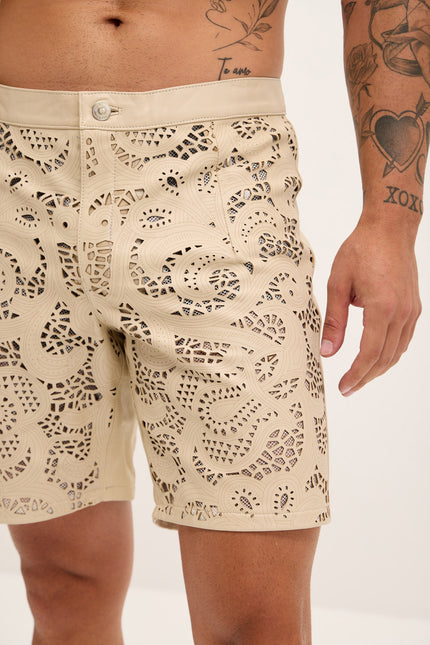 Men's Cut-Out Fitted Leather Shorts - Beige - Ron Tomson Los Angeles