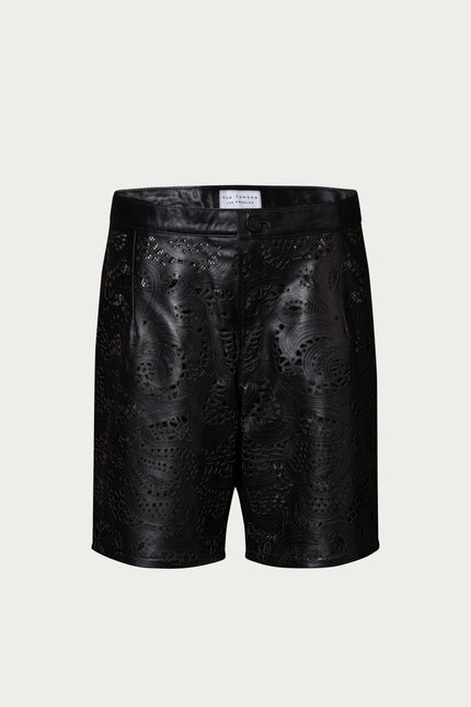 Men's Cut-Out Fitted Leather Shorts - Black - Ron Tomson Los Angeles