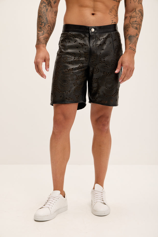 Men's Cut-Out Fitted Leather Shorts - Black - Ron Tomson Los Angeles