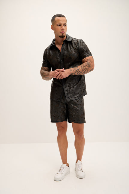 Men's Cut-Out Fitted Leather Shorts - Black - Ron Tomson Los Angeles