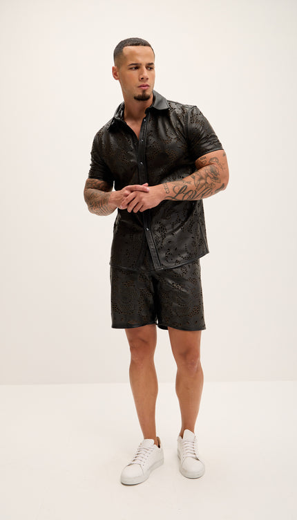Cut - out Fitted Leather Shorts - Black - Ron Tomson