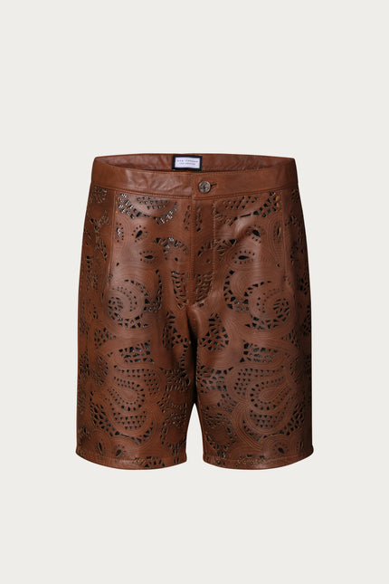 Men's Cut-Out Fitted Leather Shorts - Brown - Ron Tomson Los Angeles
