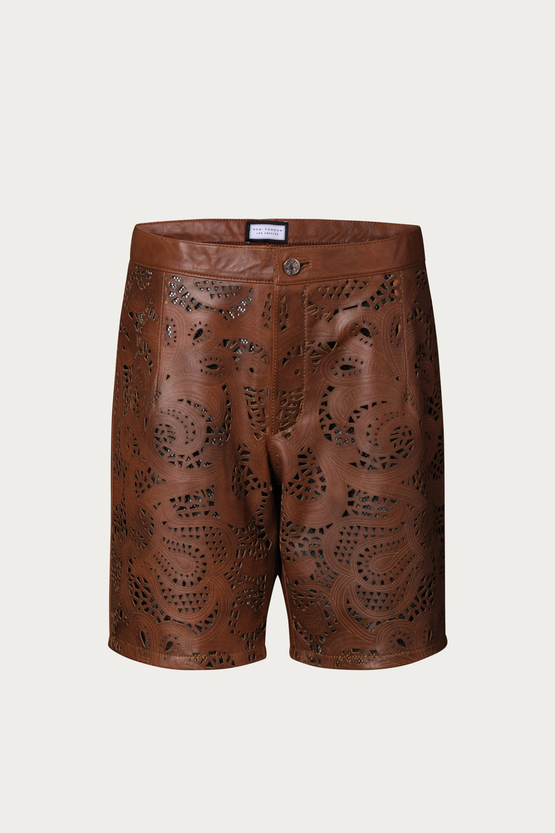 Men's Cut-Out Fitted Leather Shorts - Brown - Ron Tomson Los Angeles
