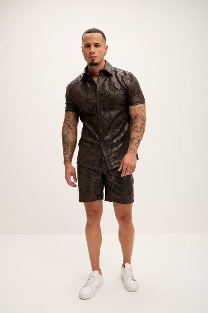 Men's Cut-Out Fitted Leather Shorts - Dark Brown - Ron Tomson Los Angeles