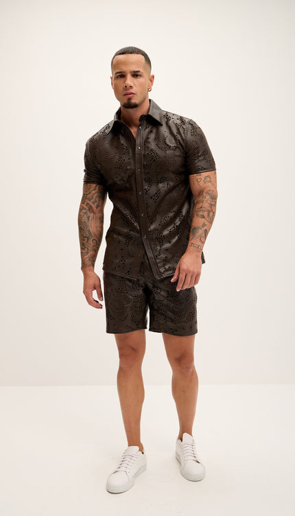 Cut - out Fitted Leather Shorts - Dark Brown - Ron Tomson
