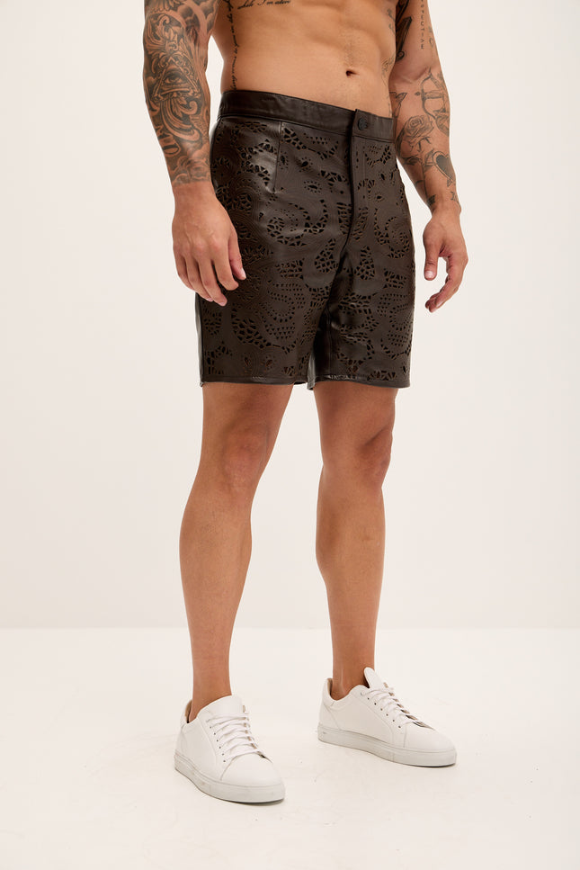 Men's Cut-Out Fitted Leather Shorts - Dark Brown - Ron Tomson Los Angeles