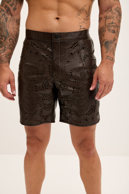 Men's Cut-Out Fitted Leather Shorts - Dark Brown - Ron Tomson Los Angeles