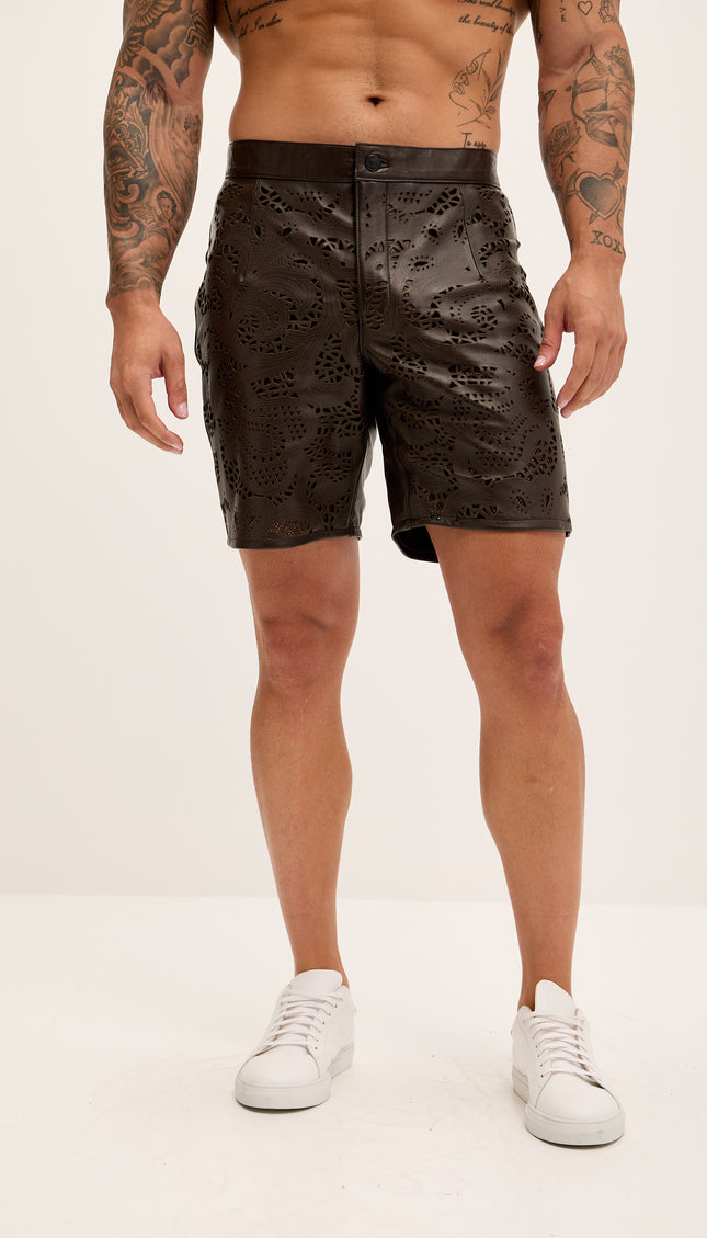 Cut - out Fitted Leather Shorts - Dark Brown - Ron Tomson