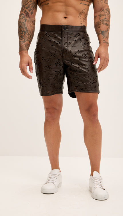 Cut - out Fitted Leather Shorts - Dark Brown - Ron Tomson