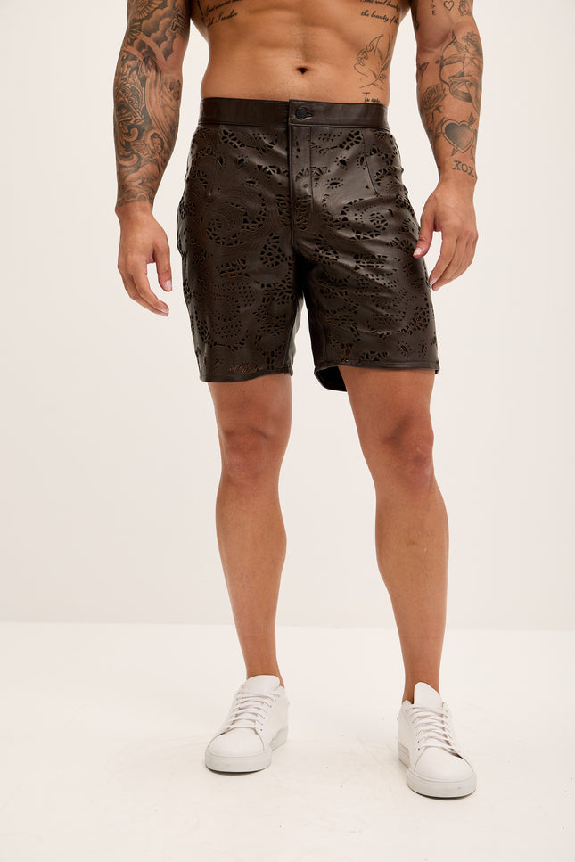Men's Cut-Out Fitted Leather Shorts - Dark Brown - Ron Tomson Los Angeles