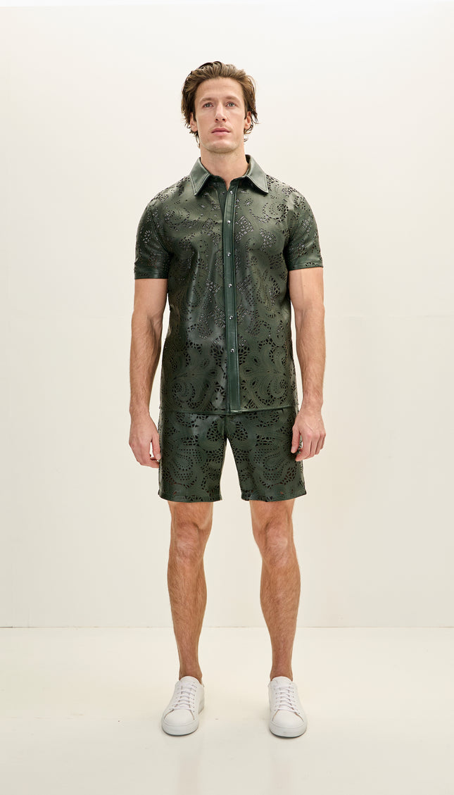 Cut - out Fitted Leather Shorts - Green - Ron Tomson
