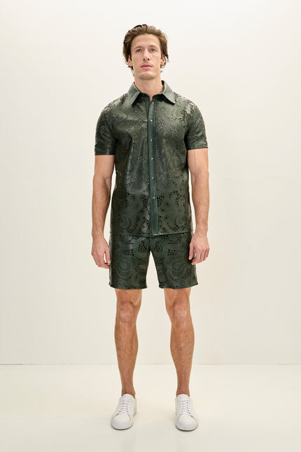 Men's Cut-Out Fitted Leather Shorts - Green - Ron Tomson Los Angeles