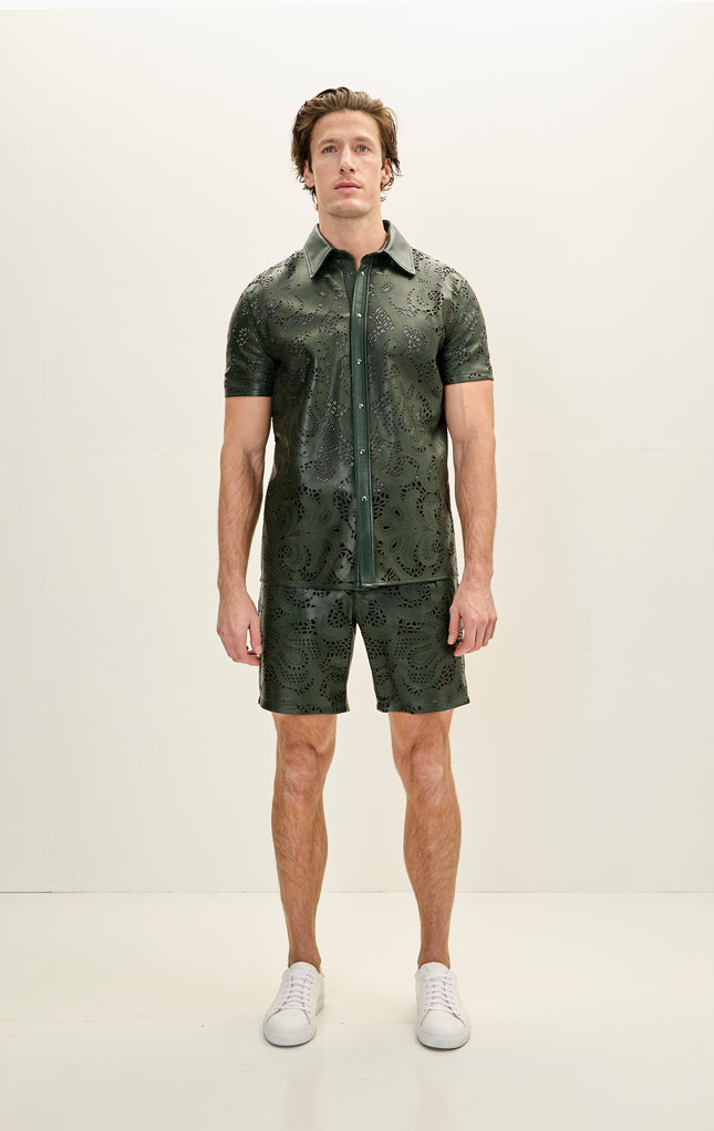 Men's Cut-Out Fitted Leather Shorts - Green - Ron Tomson Los Angeles