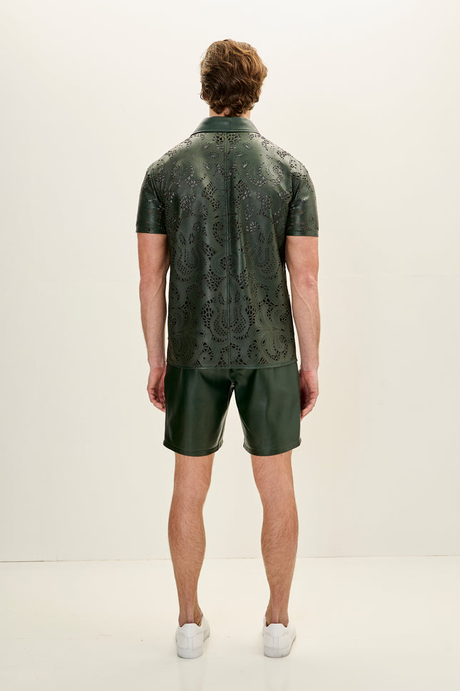 Men's Cut-Out Fitted Leather Shorts - Green - Ron Tomson Los Angeles