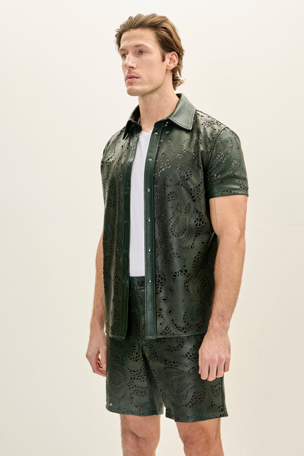 Men's Cut-Out Fitted Leather Shorts - Green - Ron Tomson Los Angeles