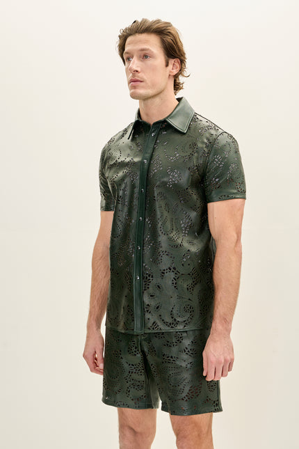 Men's Cut-Out Fitted Leather Shorts - Green - Ron Tomson Los Angeles